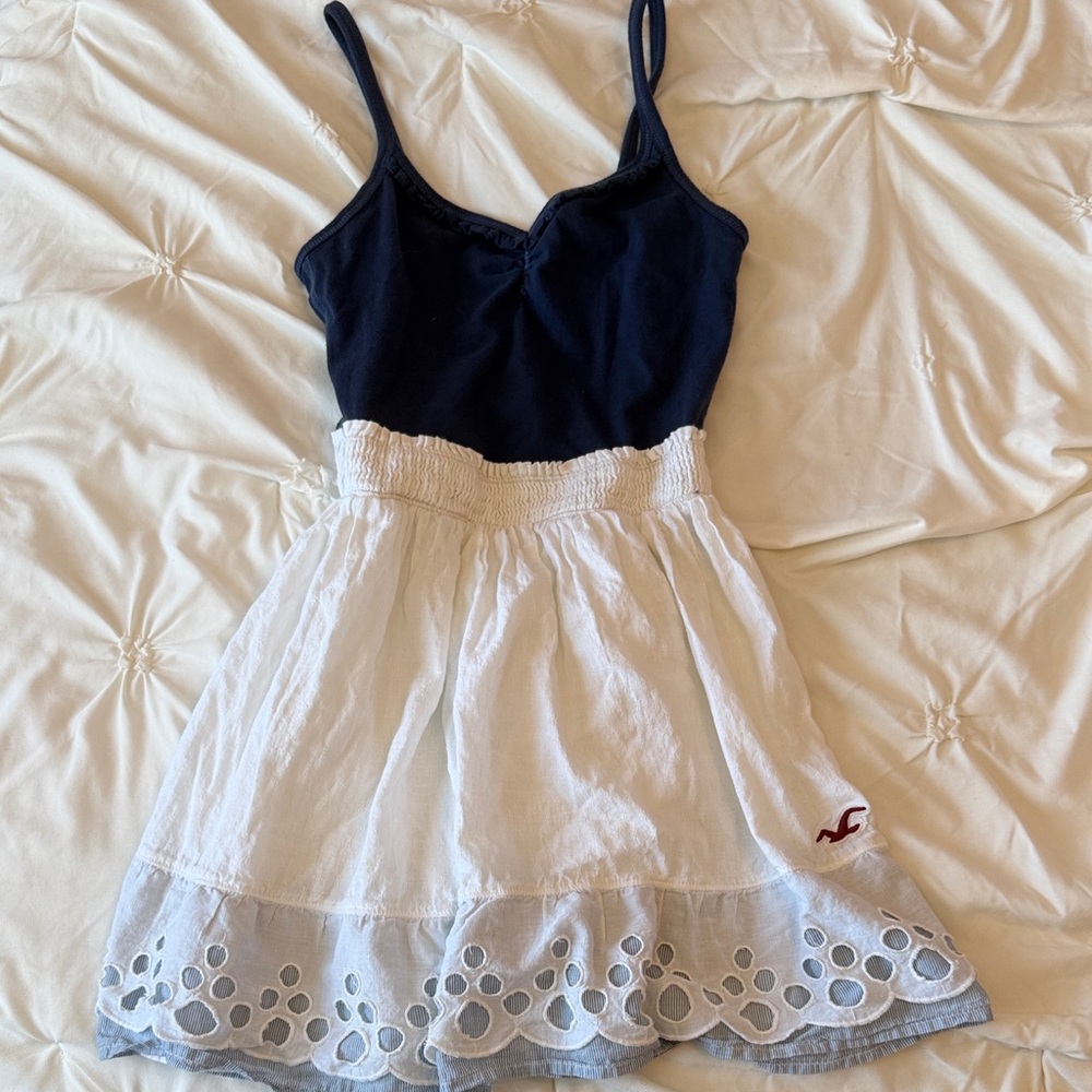 Hollister Navy and White Long Top/Dress with Eyelet Hem
